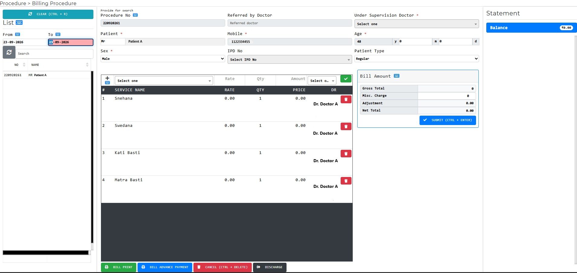 Panchakarma management screen in Ayurvedic Hospital Management System