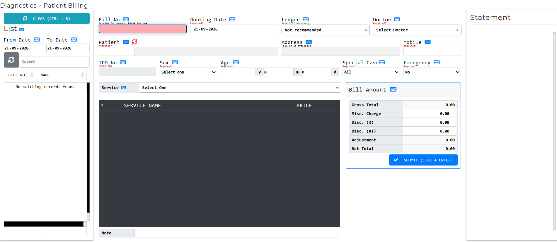 Screen showing the Patient Billing interface with patient details form, service selector, and bill amount summary panel in Diagnostic & Laboratory Management Software
