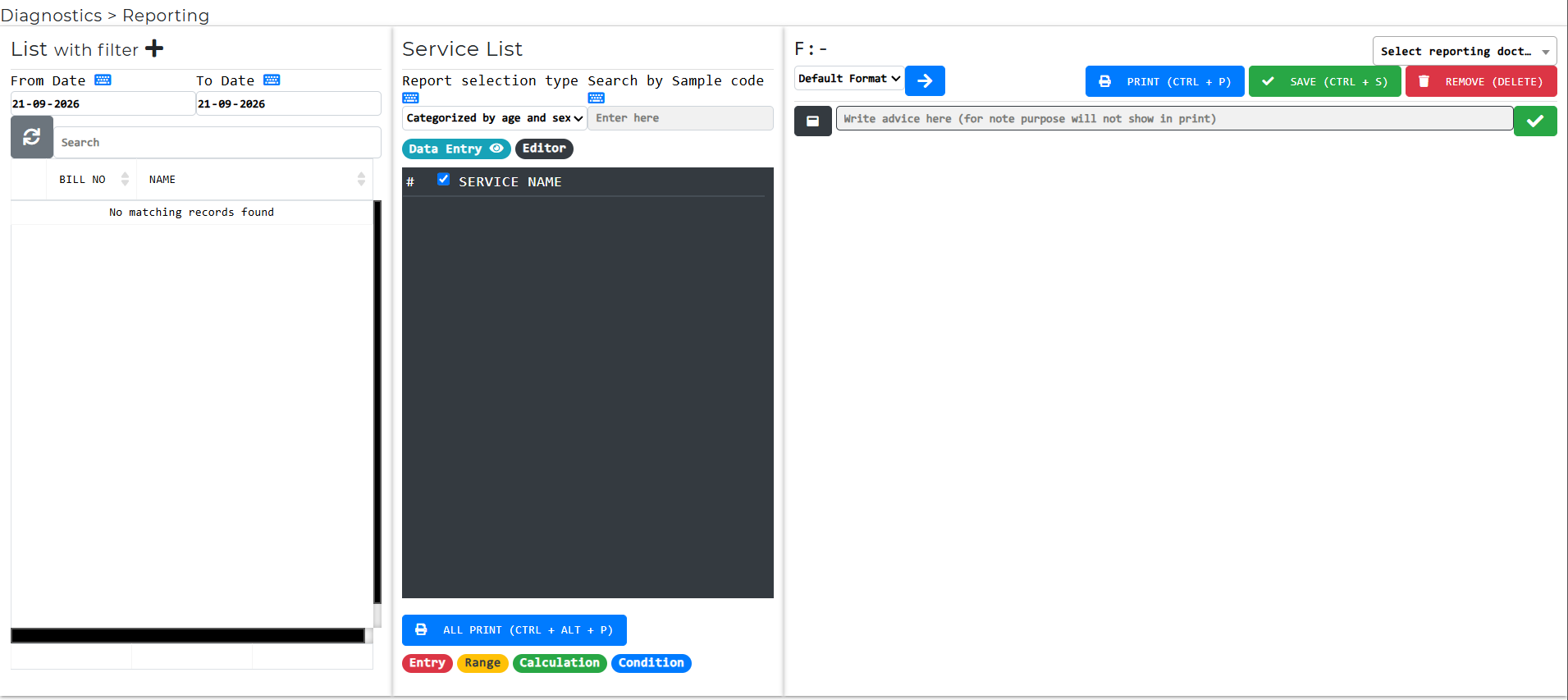 Screen showing the Diagnostics Reporting interface with date range filters for patient list, and report editing panel in Diagnostic & Laboratory Management Software