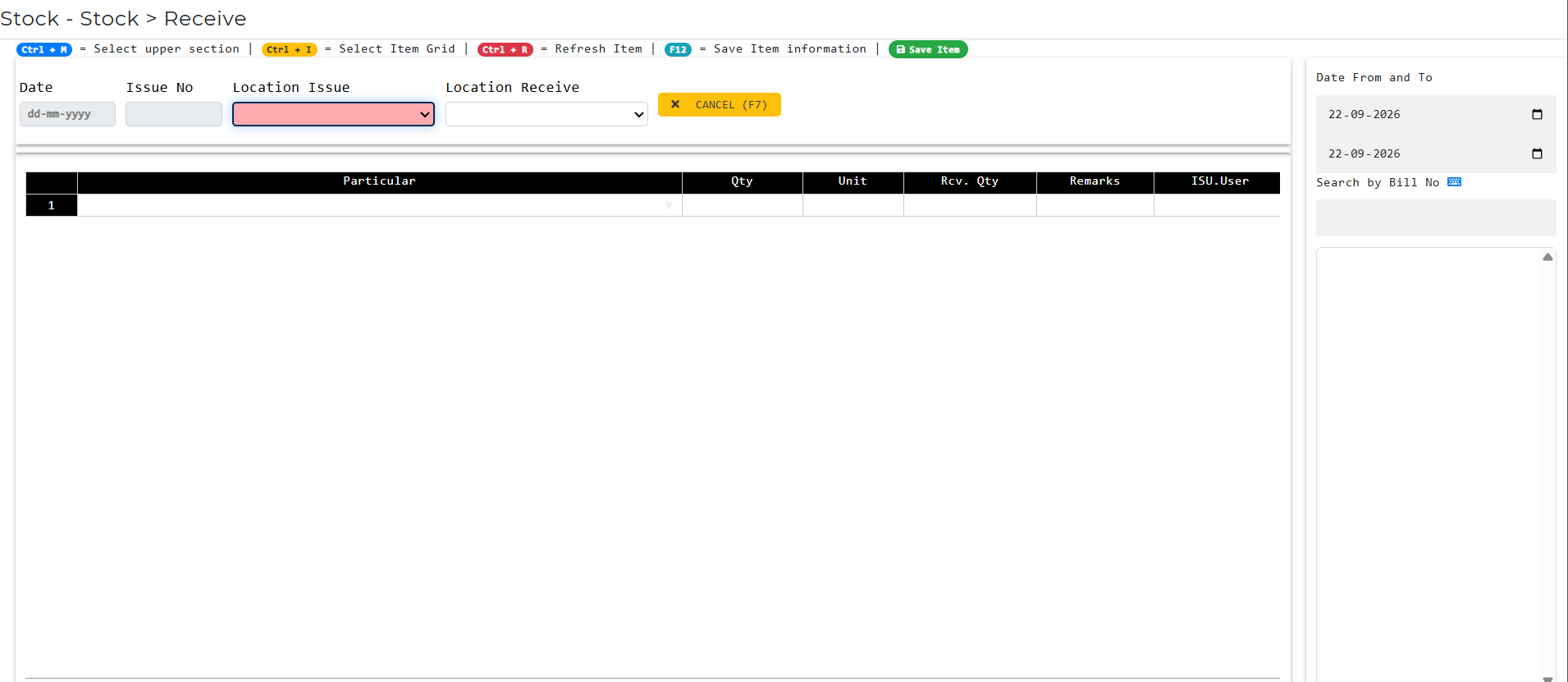 Screen showing Receive interface where issued inventory items will be received in Hospital Inventory Management Software