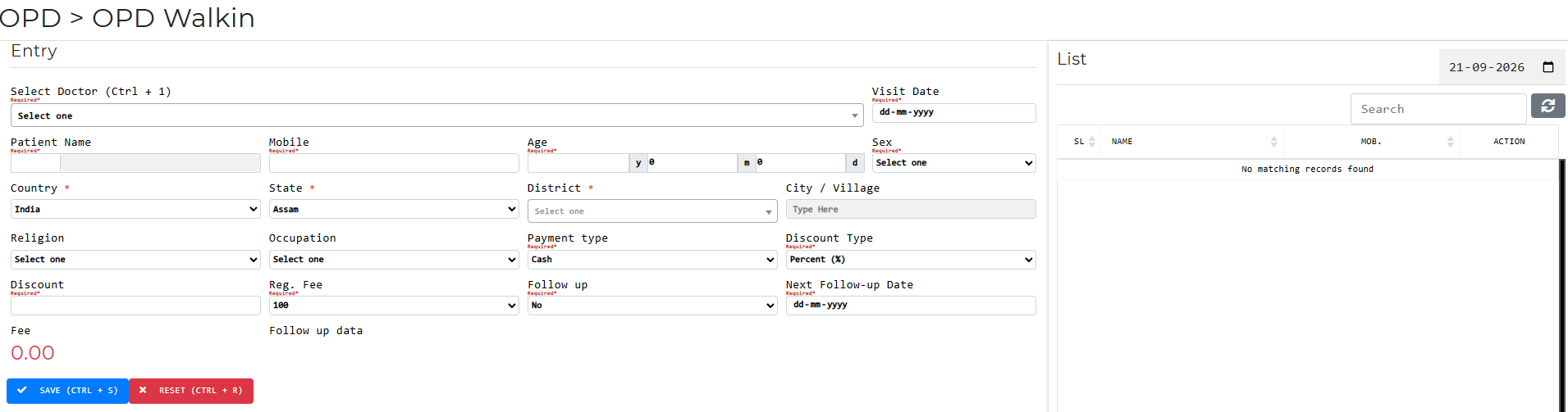 OPD window showing an integrated patient registration and management interface in the clinic management software.
