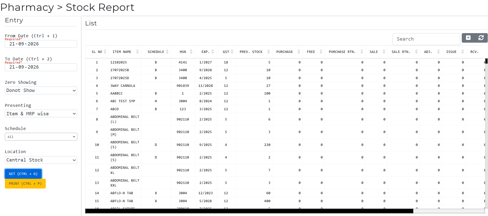 Screen showing stock report interface displaying pharmacy items summary within date ranges in Pharmacy Management Software